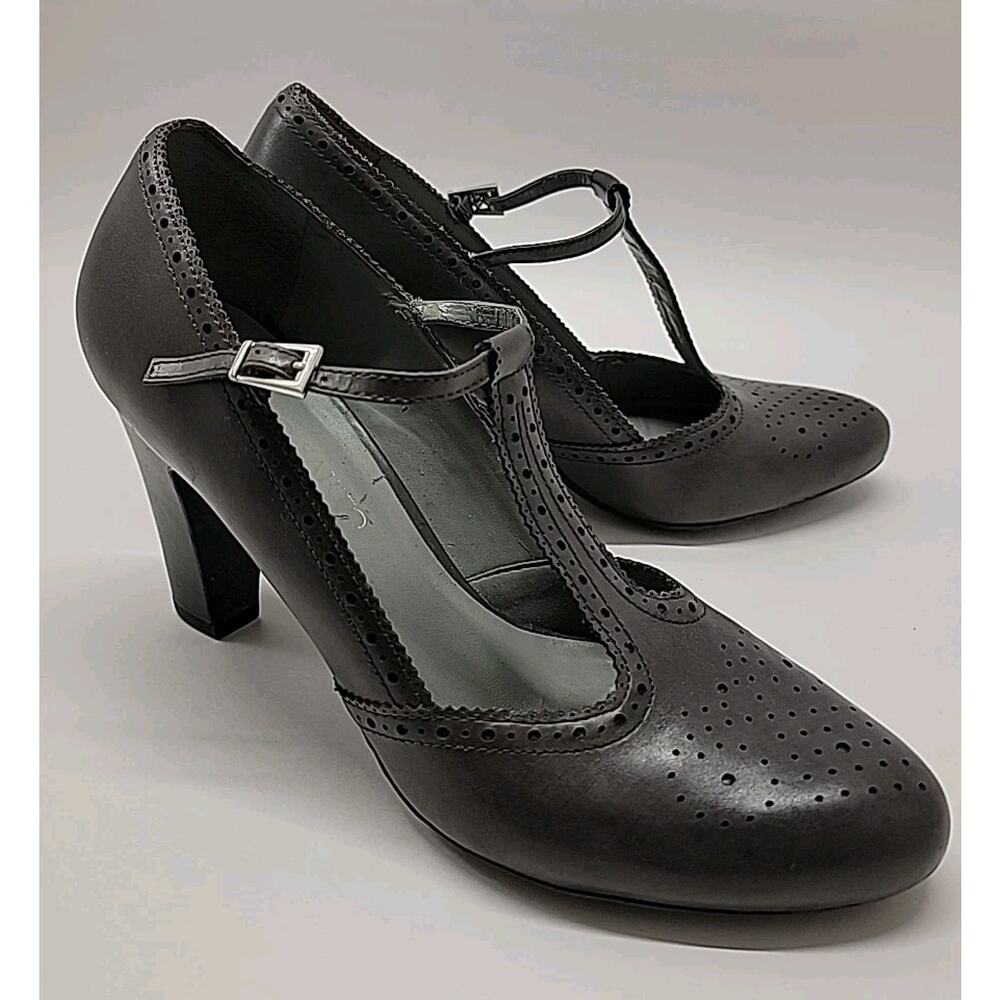 FRANCO SARTO Womens Mary Jane Heels Sz‎ 9 Gray Leather Retro T-Strap Wingtips
